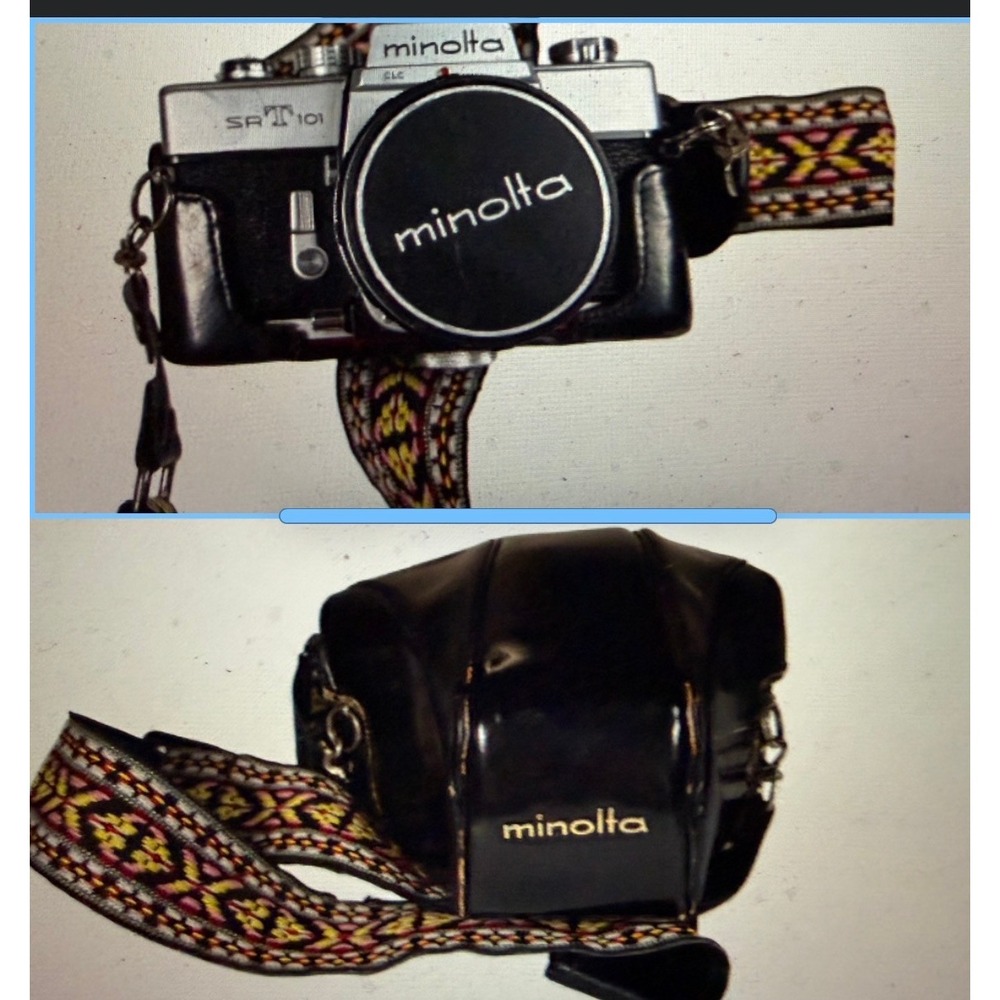 Minolta SR-T 101 35mm SLR Film Camera and f=58mm 1:1.4 Lens Case and Woven Strap